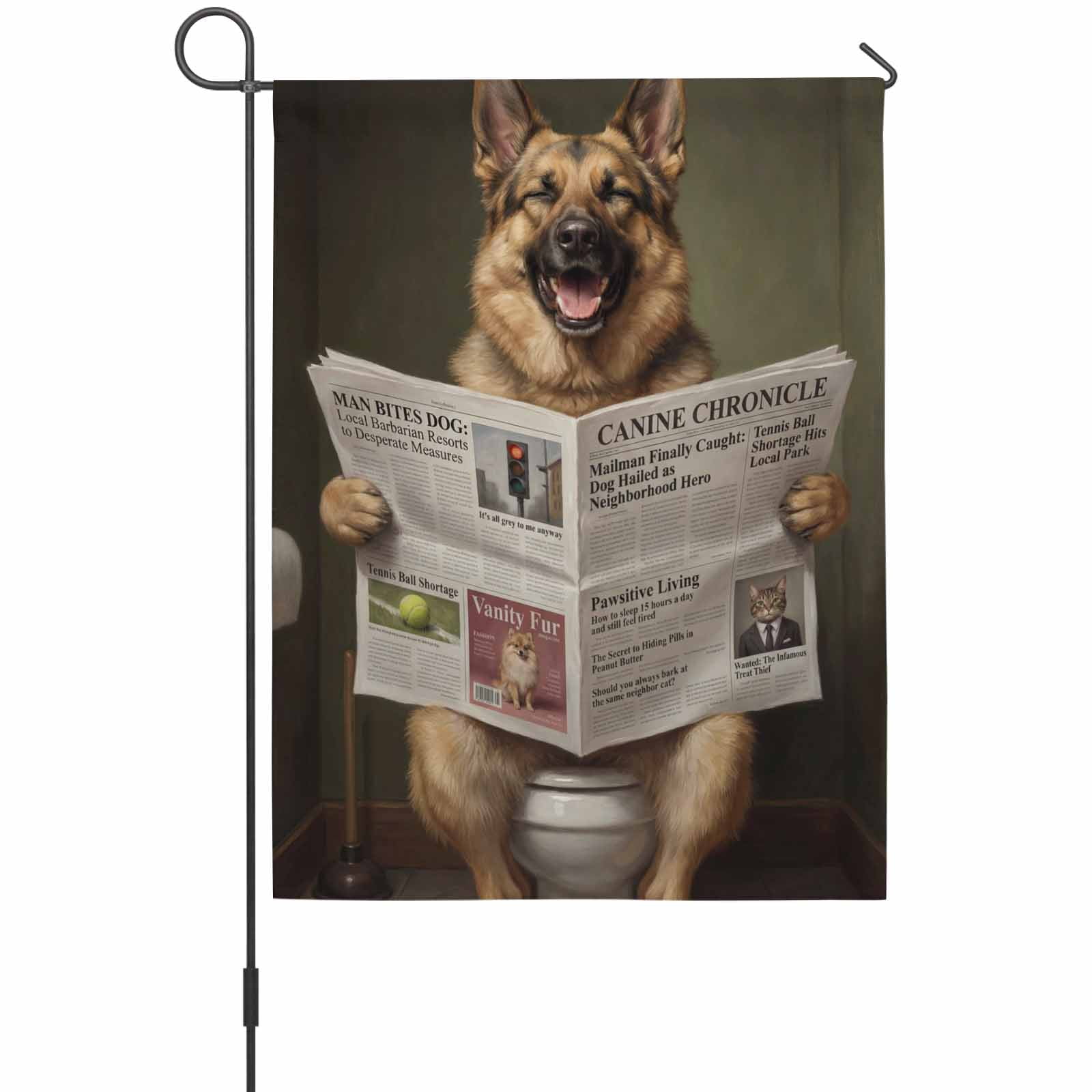 Funny Dog Puppy House Flag 28 x 40 Inches, Cute German Shepherd Cartoon Newspaper Toilet Weather Proof Outdoor Patio Flags Double Sided Small House Decoration for Yard Lawn Outside Home