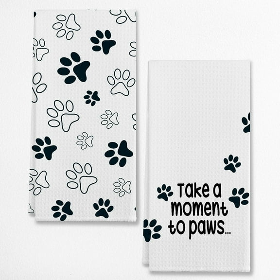 Funny Dog Puppy Paws Pattern Take A Moment To Paws Kitchen Towels,Dish Cloth Flour Sack Hand Towel for Farmhouse Kitchen Decor,26 X 18 Inches Cotton Dish Towels Dishcloths,Set of 2