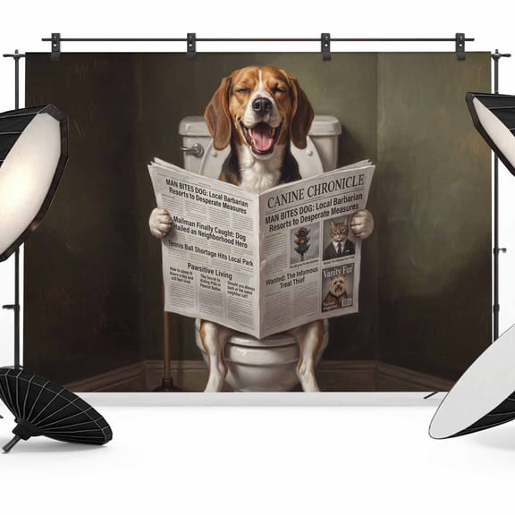 Funny Dog Puppy Photography Backdrop 7x5FT, Cute Beagle Cartoon Newspaper Toilet Photo Backdrops, Background for Photography Studio Photo Studio Background, Back Drop for Photoshoot