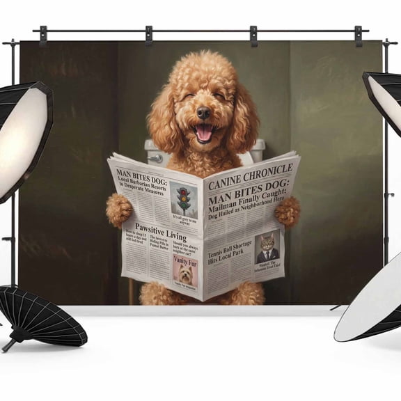 Funny Dog Puppy Photography Backdrop 7x5FT, Cute Golden Dog Cartoon Newspaper Toilet Photo Backdrops, Background for Photography Studio Photo Studio Background, Back Drop for Photoshoot