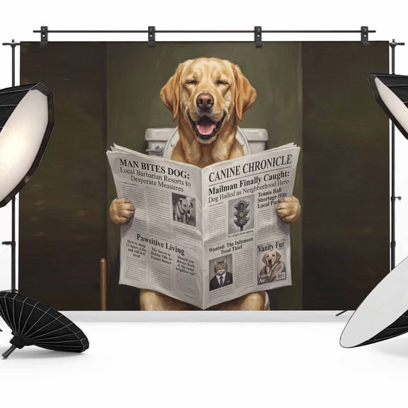 Funny Dog Puppy Photography Backdrop 7x5FT, Cute Golden Retriever Cartoon Newspaper Toilet Photo Backdrops, Background for Photography Studio Photo Studio Background, Back Drop for Photoshoot