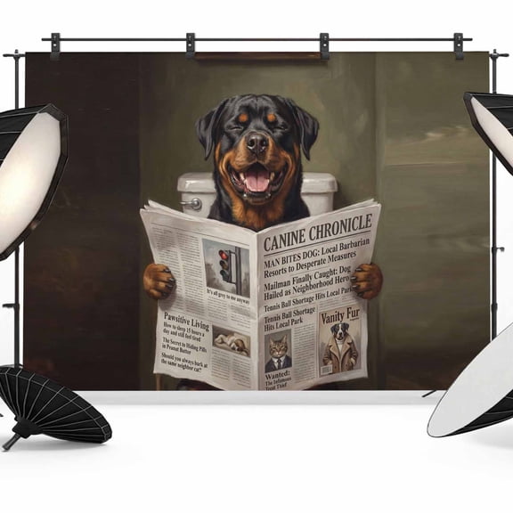 Funny Dog Puppy Photography Backdrop 7x5FT, Cute Rottweiler Cartoon Newspaper Toilet Photo Backdrops, Background for Photography Studio Photo Studio Background, Back Drop for Photoshoot