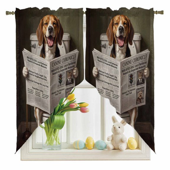 Funny Dog Puppy Swag Kitchen Curtain Valances, Cute Beagle Cartoon Newspaper Toilet Rod Pocket Curtains Window Treatment Decor Valances for Bedroom Bathroom, 2 Panels 28 x 36 Inch