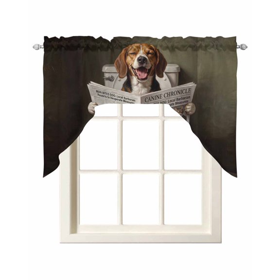 Funny Dog Puppy Swag Valance for Window, Cute Beagle Cartoon Newspaper Toilet Light Filtering Swag Curtain Rod Pocket Kitchen Curtain Valance for Bedroom