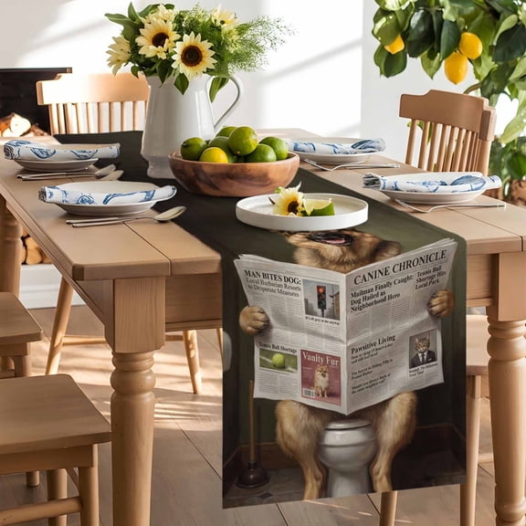 Funny Dog Puppy Table Runner, Cute German Shepherd Cartoon Newspaper Toilet Washable Kitchen Table Runners Dress Scarves for Dining Table Decorations Party/Restaurant/Indoor Outdoor Use, 13x90in