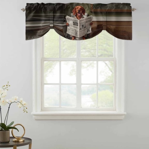 Funny Dog Puppy Tie Up Valances Curtain, Cute Dachshund Cartoon Newspaper Toilet Adjustable Valance for Window Light Filtering for Kitchen and Bathroom Rod Pocket 1 Panel 42x12in