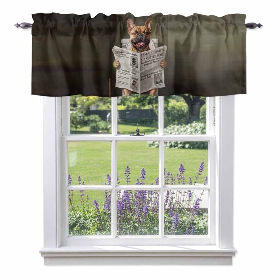 Funny Dog Puppy Valances for Windows Cute French Bulldog Cartoon Newspaper Toilet Rod Pocket Cafe Window Treatments Valance Curtains for Kitchen Bathroom Laundry Basement Windows 42"x12"
