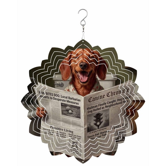 Funny Dog Puppy Wind Spinner for Garden Yard 8In, Cute Dachshund Cartoon Newspaper Toilet 3D Stainless Steel Kinetic Hanging Wind Spinners Rustproof Outdoor Decor for Lawn Patio Home