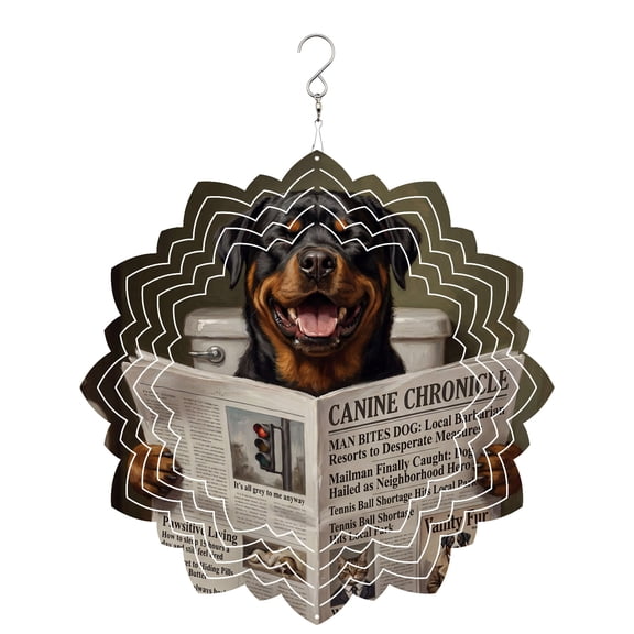Funny Dog Puppy Wind Spinner for Garden Yard 8In, Cute Rottweiler Cartoon Newspaper Toilet 3D Stainless Steel Kinetic Hanging Wind Spinners Rustproof Outdoor Decor for Lawn Patio Home
