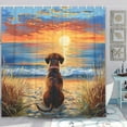 thumbnail image 1 of Funny Dog Shower Curtain, Hilarious Dog on Sunset Sunrise Beach Seascape Art Shower Curtain Set, Nautical Ocean Bath Accessories Coastal Seaside Bathroom Decor with 12PCS Hooks, 70X70IN, 1 of 5