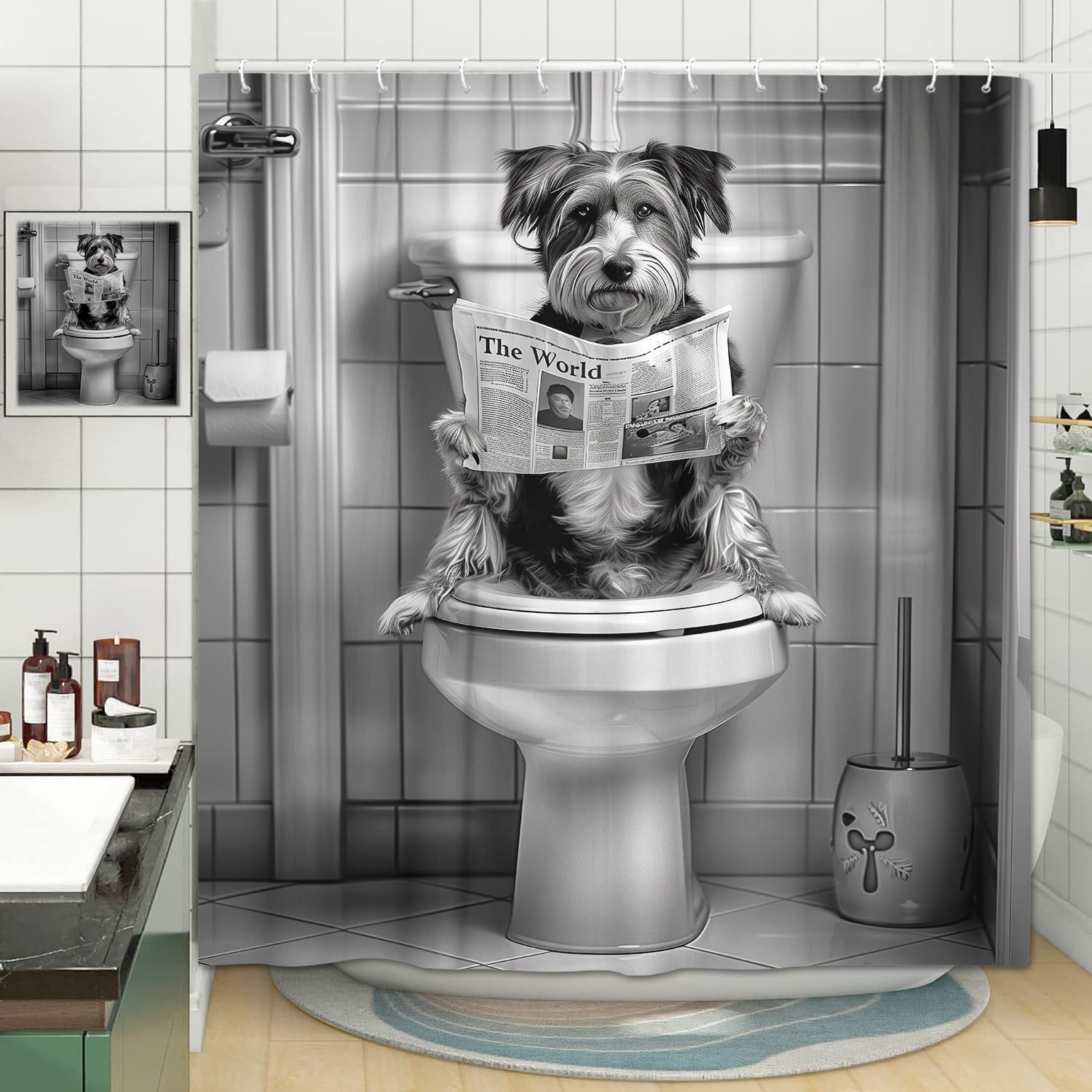 Funny Dog Shower Curtain, Novelty Fun Grey Animal Print Fabric Shower