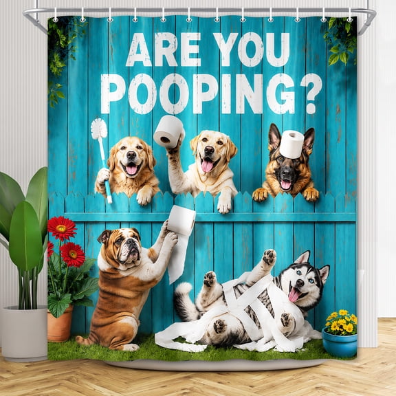 Funny Dog Shower Curtain, Rustic Farmhouse Bath Decor, Are You Pooping Cute Dog Design, Country Farm Teal Animals Shower Curtain Set, Waterproof Polyester Fabric,36X72 Inch with Hooks