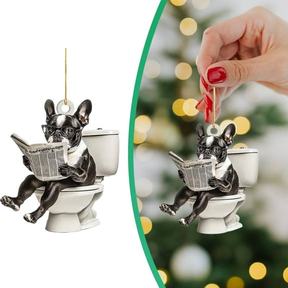 Funny Dog Sitting on Toilet Christmas Ornament, Acrylic Dog Figurine Reading Newspaper, 2D Dog Lover Gift, Cute Dog Decor for Christmas Tree, Car Mirror or Desk – Perfect Holiday Tree Decoration