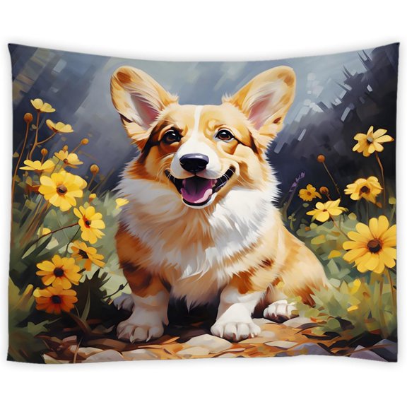Funny Dog Tapestry Cute Corgi Animal Yellow Flower Watercolour Rustic Floral Wall Hanging Bedroom Living Room Dorm Decor,40" W x 30" H