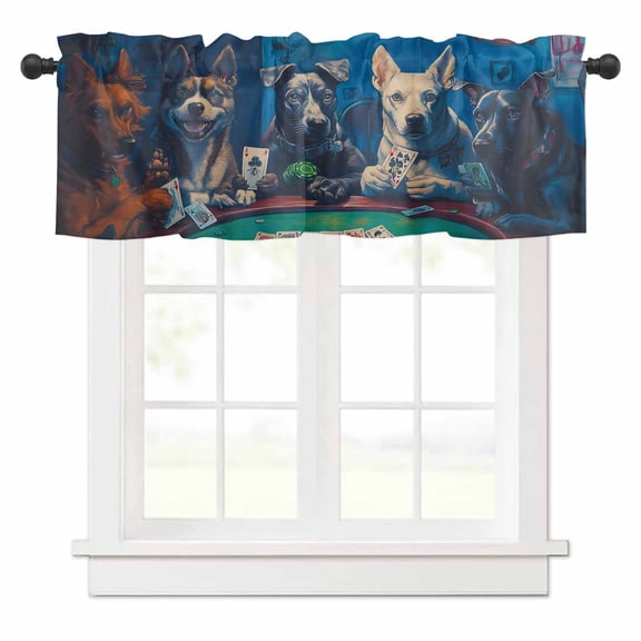 Funny Dog Valances for Windows Dogs Playing Poker Playing Cards Retro Rod Pocket Curtain Valance Window Treatment Short Curtains for Kitchen Living Room, 42"x12"