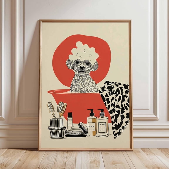 Funny Dog Wall Art Print Puppy in Bathtub Poster Whimsical Bathroom Decor with Soap and Spa Pet Artwork