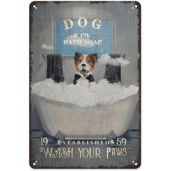 Funny Dog Wash Your Paws Retro Bathroom Aluminum Sign - Vintage Aluminum Metal Tin Sign for Home Toilet Restaurant Kitchen Bar Coffee Co.rner Wall 8x12 Inches