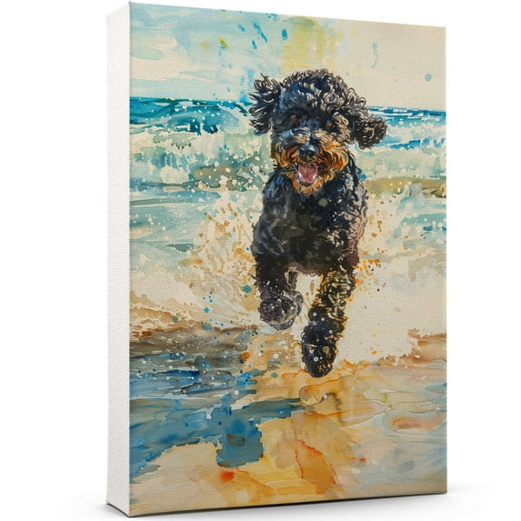 Funny Dog on Beach Canvas Wall Art, Barbet Dog Picture Ocean Artwork for Bathroom Bedroom Living Room, Art Decor 8x12 Inches