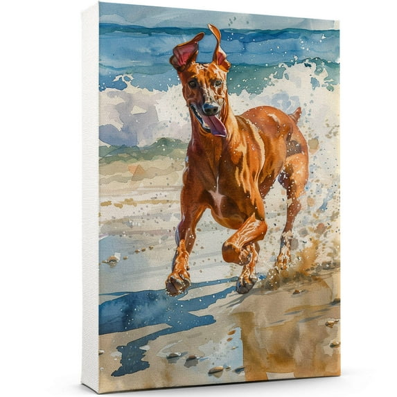 Funny Dog on Beach Canvas Wall Art, German Pinscher Dog Picture Ocean Artwork for Bathroom Bedroom Living Room, Art Decor 8x12 Inches
