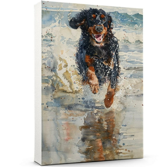 Funny Dog on Beach Canvas Wall Art, Gordon Setter Dog Picture Ocean Artwork for Bathroom Bedroom Living Room, Art Decor 8x12 Inches