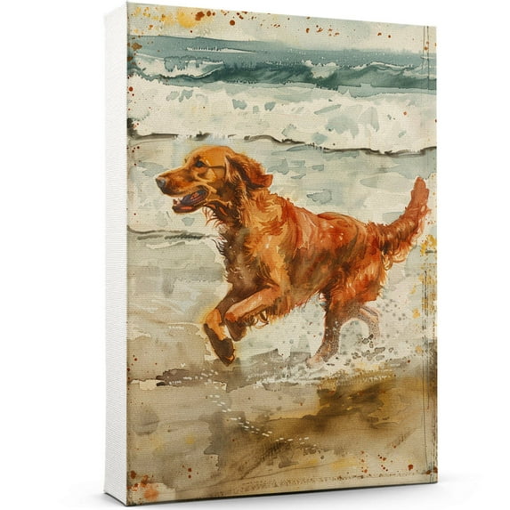 Funny Dog on Beach Canvas Wall Art, Irish Setter Dog Picture Ocean Artwork for Bathroom Bedroom Living Room, Art Decor 8x12 Inches