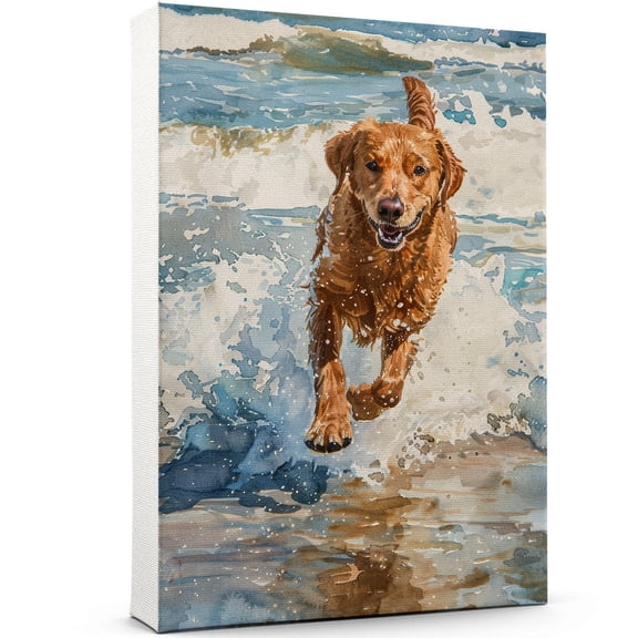 Funny Dog on Beach Canvas Wall Art, Labrador Retriever Dog Picture Ocean Artwork for Bathroom Bedroom Living Room, Art Decor 8x12 Inches
