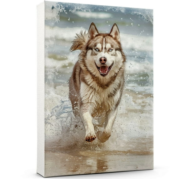 Funny Dog on Beach Canvas Wall Art, Siberian Husky Dog Picture Ocean Artwork for Bathroom Bedroom Living Room, Art Decor 8x12 Inches