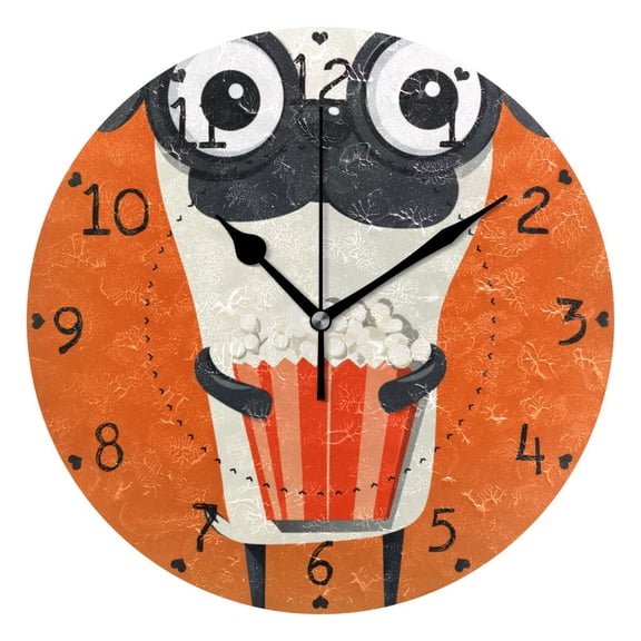 Funny Dog with Popcorn Round Wall Clock Silent Battery Operated Home Decor for Living Room Bedroom