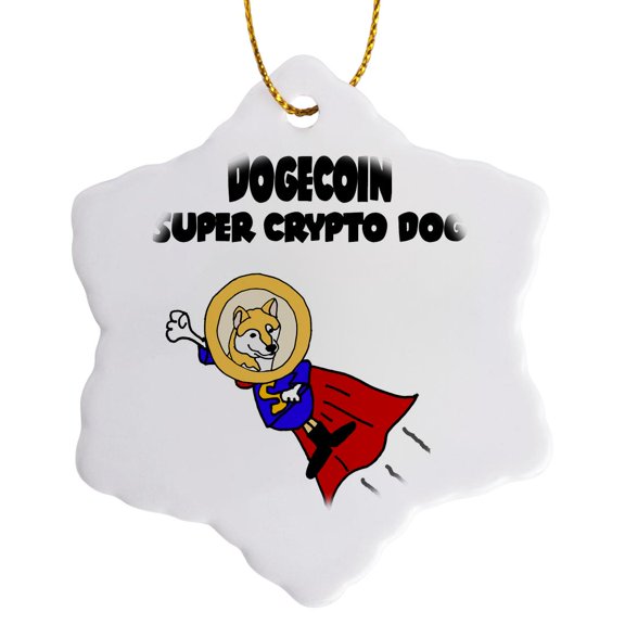 3drose, Funny Dogecoin Superhero Cryptocurrency Digital Crypto Dog Shiba Inu, 3 inch Snowflake Porcelain Ornament