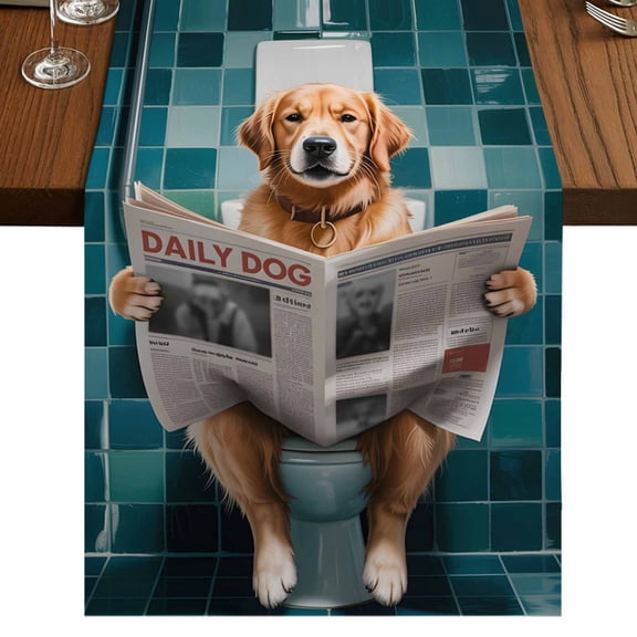 Funny Dogs 48 Inch Table Runner, Animal Sitting on Toilet Reading Newspaper Farmhouse Dresser Scarf Cotton & Linen Tablerunner for Dining/Kitchen Island/Holiday Party Décor 13" x 48"