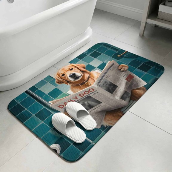 Funny Dogs Bathroom Rugs Non Slip Washable Bath Mat Absorbent Front Door Mat Animal Sitting on Toilet Reading Newspaper Indoor Doormat for Kitchen Entryway Shower Decor Accessories 19.7"x31.5"