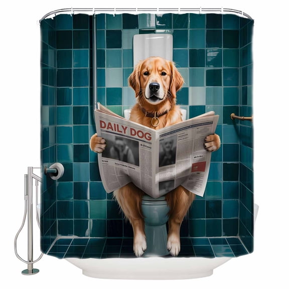Funny Dogs Bathroom Shower Curtains with 12 Hooks Polyester Waterproof Shower Curtain for Stalls and Bathtubs Animal Sitting on Toilet Reading Newspaper Decorative Bathroom Privacy Curtain 72x72 Inch