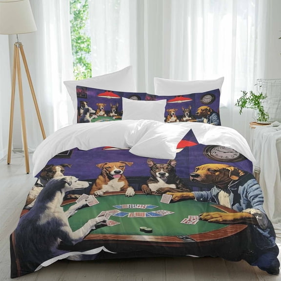 Funny Dogs California King Duvet Cover Set, Dogs Playing Cards Poker Retro Witty 4 Piece Microfiber Bedding Set with Zipper Closure, Bed Sheet and 2 Pillow Shams, Soft Bedding Cover