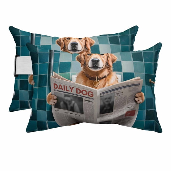 Funny Dogs Outdoor Pillows for Chaise Lounge Chair Beach Headrest Pillow Set of 2 Waterproof Lumbar Pillows with Insert&Strap Animal Sitting on Toilet Reading Newspaper Pillow for Patio Pool 12"x20"