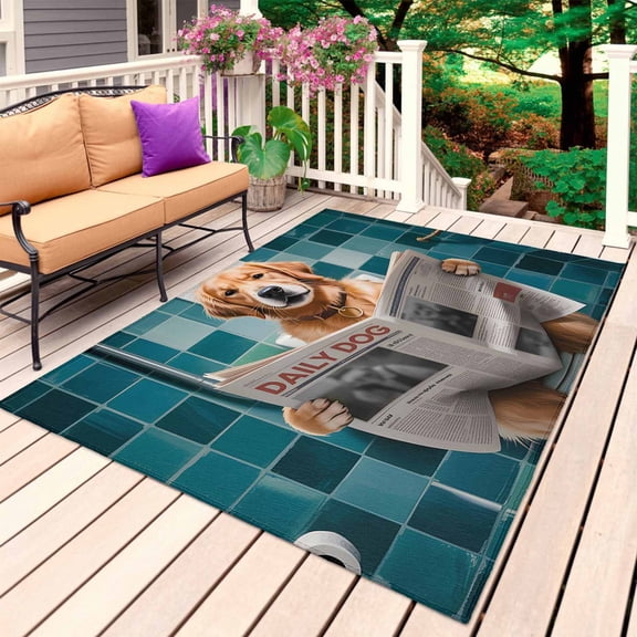Funny Dogs Outdoor Rug for Patio/Deck/Porch, Non-Slip Large Area Rug 4 x 6 Ft, Animal Sitting on Toilet Reading Newspaper Indoor Outdoor Rugs Washable Area Rugs, Reversible Camping Rug Carpet Runner