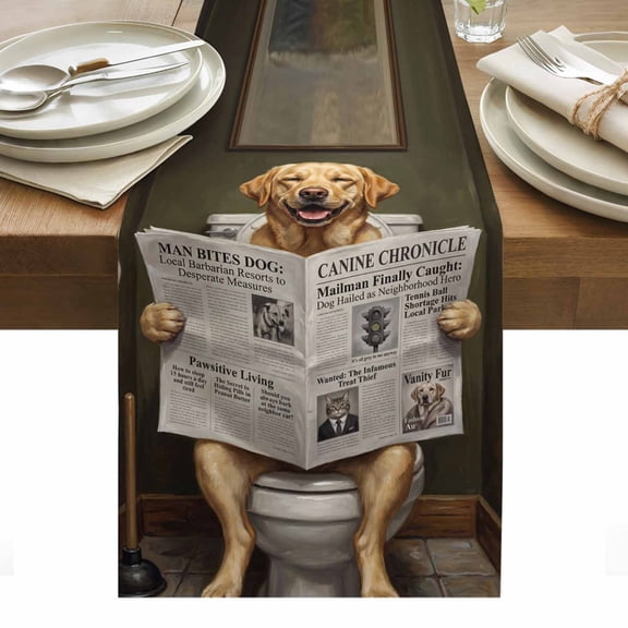 Funny Dogs Table Runner Abstract Puppy Reading Newspaper Toilet Tablerunners 13 x 36 Inch, Table Decorations Tabletop Scarf for Summer Gathering Holiday Farmhouse Kitchen Dining Decor