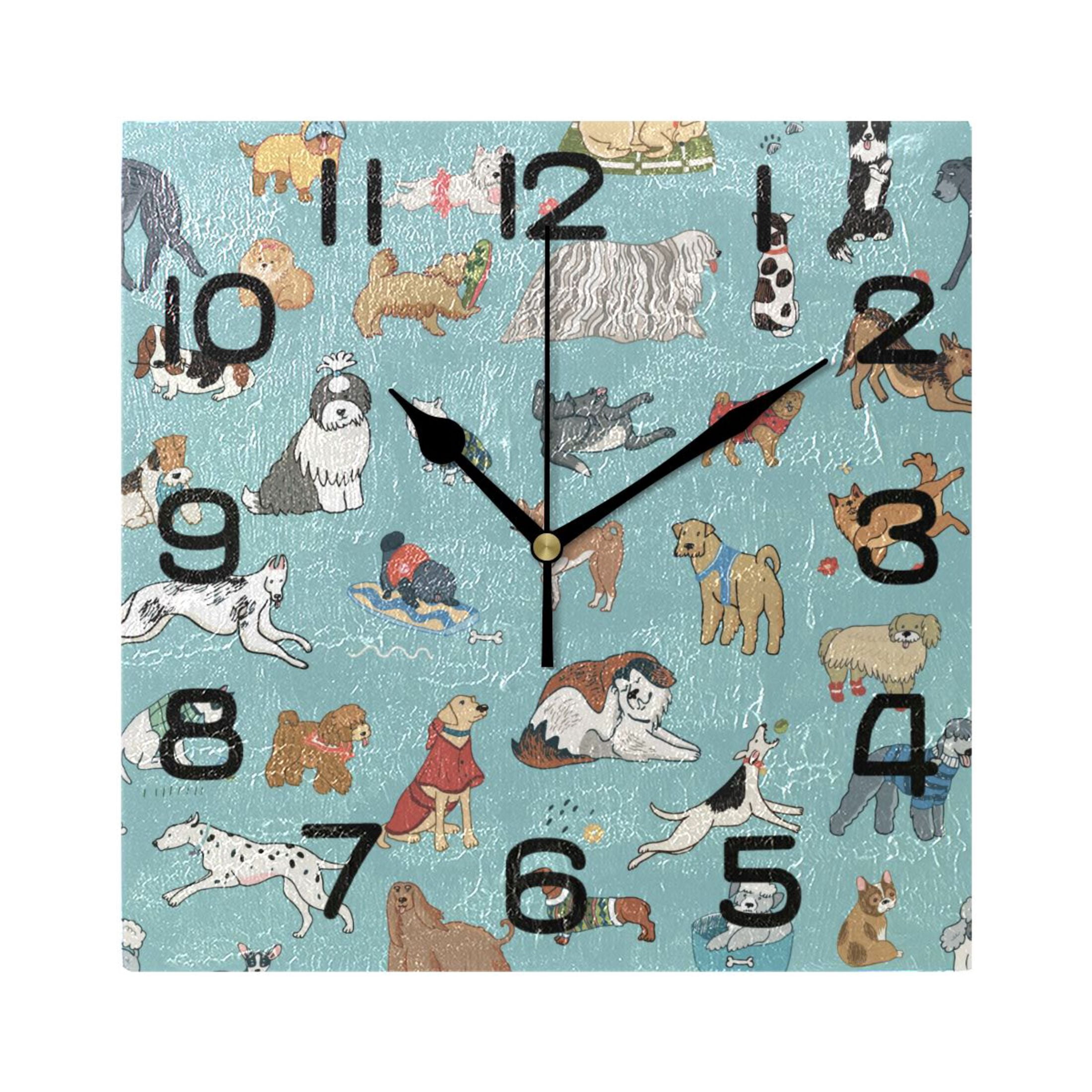 Funny Dogs Wall Clock Square Silent Non-Ticking Battery Operated Retro ...