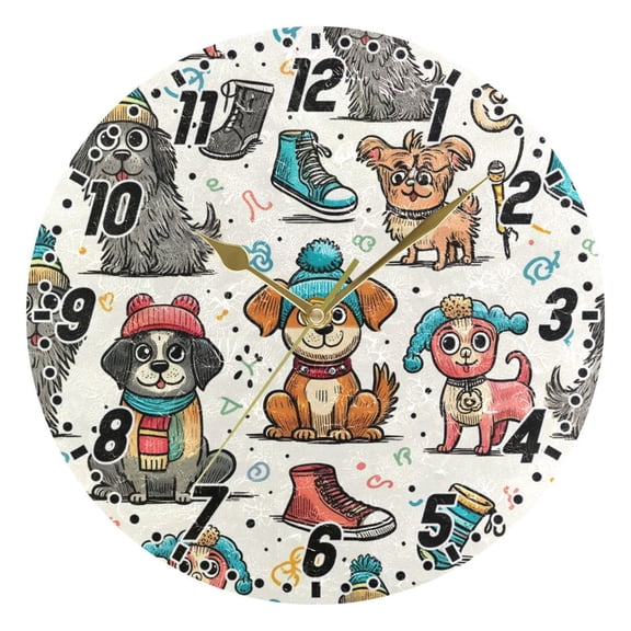 Funny Dogs and Shoes Round Wall Clock Battery Operated Silent Non-Ticking Bedroom Office Kitchen Home School Decor 10"(Gold)