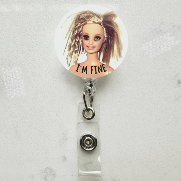 Funny Doll Badge Reel I'm Fine" Retractable ID Holder"