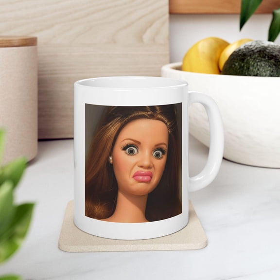 Funny Doll Face Mug, Disgusted Barbie Meme Coffee Cup, Unhinged Meme Gift