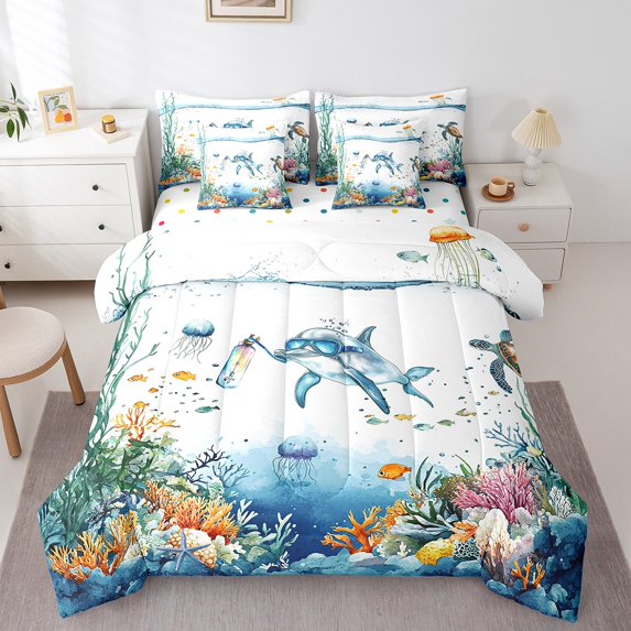 Funny Dolphin Bed in a Bag King Size Comforter Set 7 Pieces, Sea Turtle Jellyfish Coastal Bedding Set Teal Blue Ocean Sheet Set,Cute Fish Coral Seaweed Bed Set,Nautical Sea Animal Beach Decor