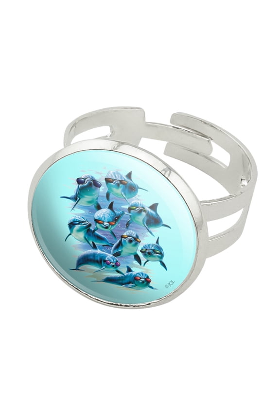 Funny Dolphins in Sunglasses Diving Silver Plated Adjustable Novelty Ring