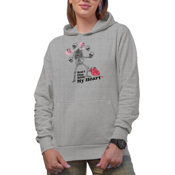 Funny Don't Play with My Heart with Skeleton, Valentine's Day Art Merch Gift, Heather Grey Hooded Sweatshirt or Hoodie, 2XL