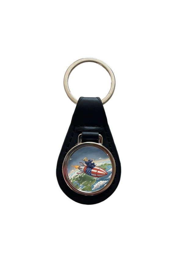 Funny Donald Trump Riding American Flag Missile Metal Black Leather Keychain