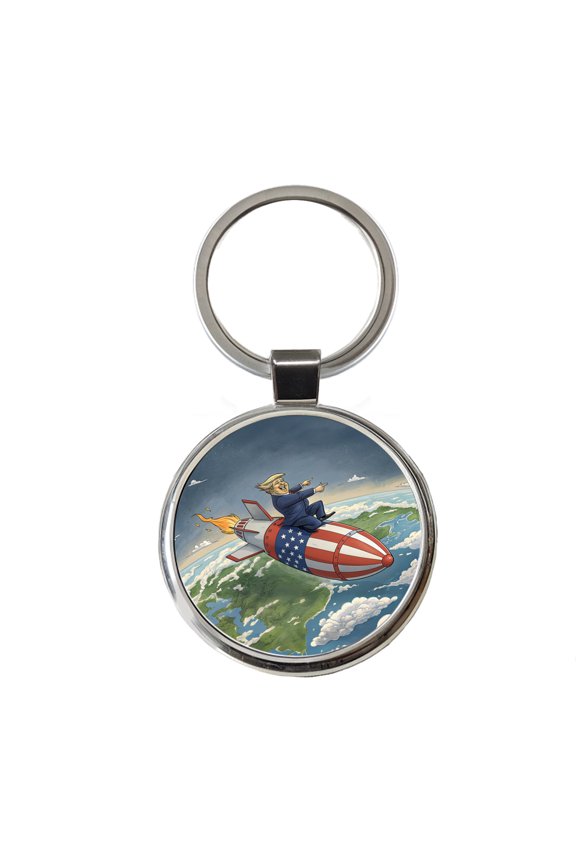 Funny Donald Trump Riding American Flag Missile Metal Round Keychain