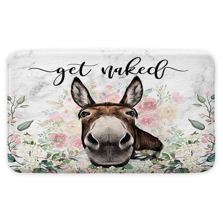 Funny Donkey Bath Mat, Floral Farmhouse Bath Rug, Non Slip Bathroom Rug, Get Naked Bathroom Decor 17x29 Inch