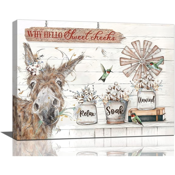 Funny Donkey Bathroom Wall Art Rustic Donkey Bathroom Pictures Wall Decor Farmhouse Flowers Canvas Prints Painting Country Relax Wash Home Decor Framed Artwork for Bathroom Bedroom 12"x16"