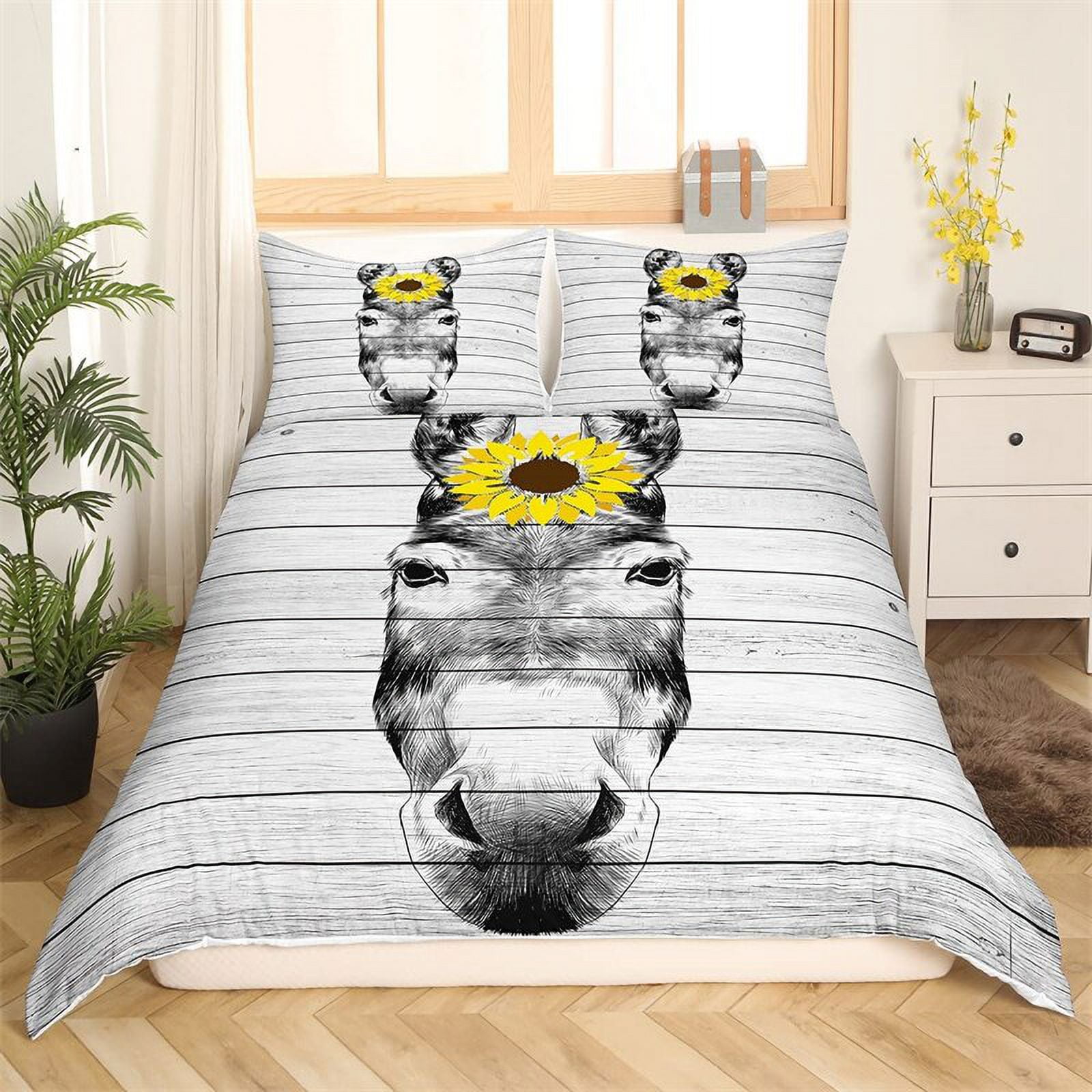 Funny Donkey Bedding Set Farm Animal Comforter Cover Grey Retro Donkey