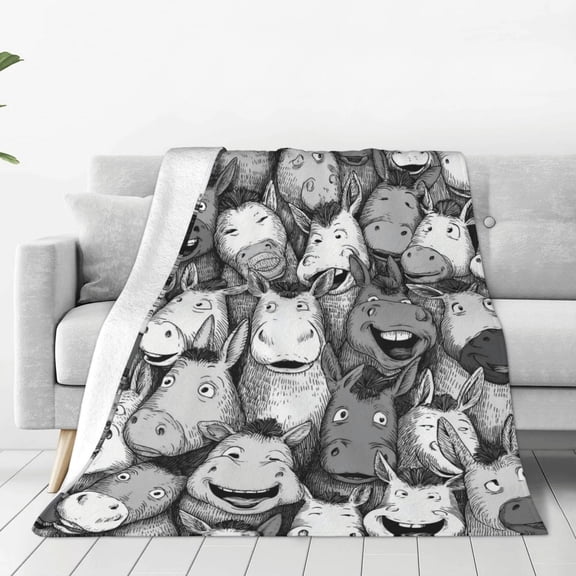 Funny Donkey Doodle Pattern Blanket, Whimsical Cartoon Animal Art, Soft Flannel Fleece Throw for Couch Sofa, Travel & Home Decor 50x40