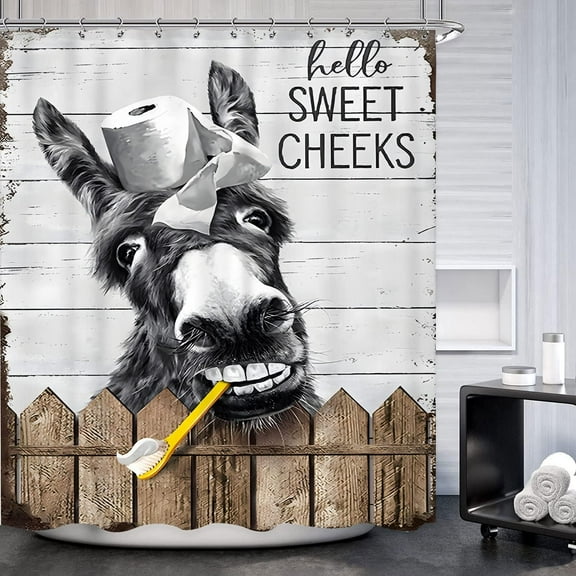 Funny Donkey Farmhouse Shower Curtain Rustic Retro Shower Curtains Black White Farm Fun Animal Modern Hello Sweet Cheeks Cute Waterproof Polyester Fabric Plastic Hooks-48"W x 72"L (Pack of 1)